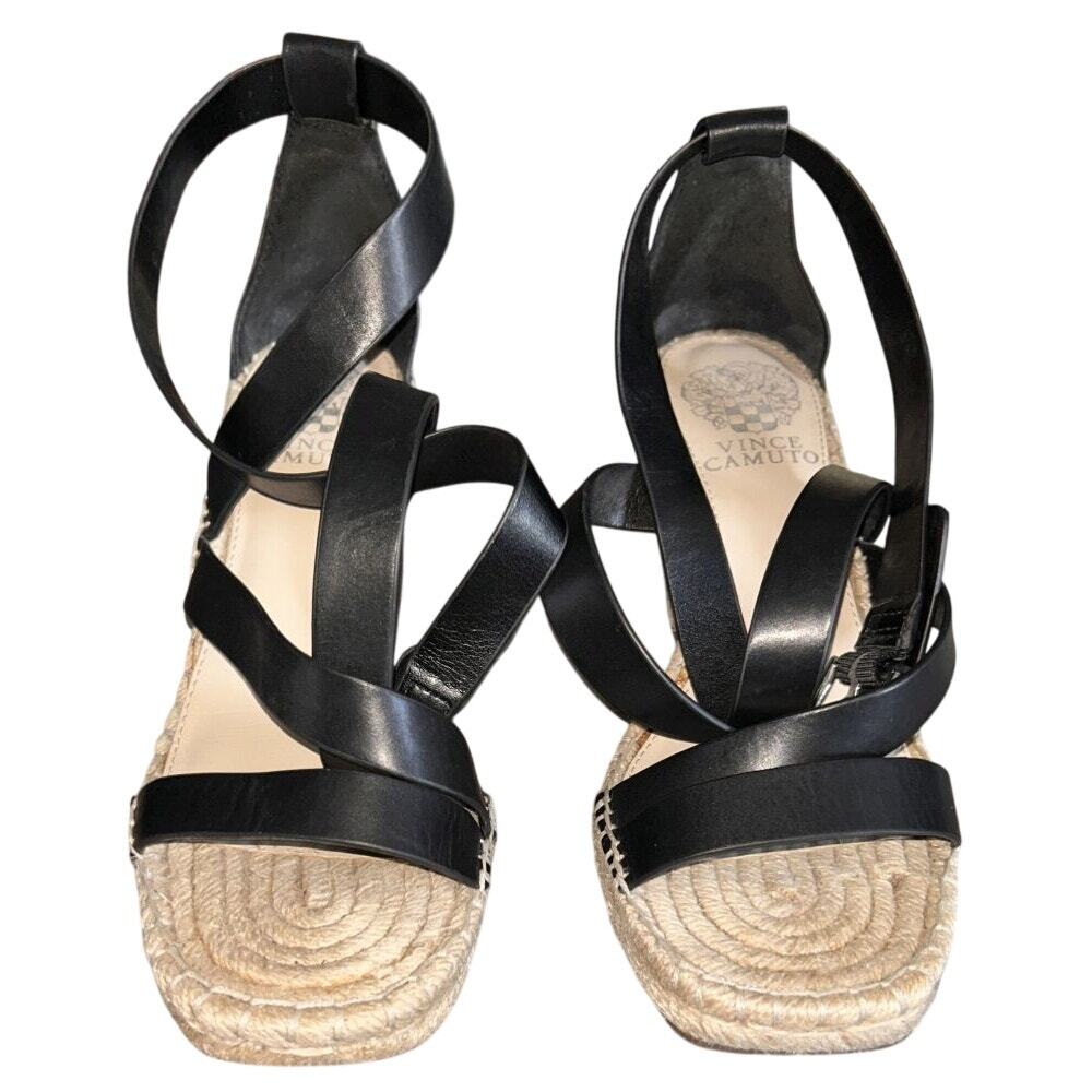 Vince Camuto Mesteria Black Leather Espadrille 3" Wedge Sandals 7 - Picture 3 of 9